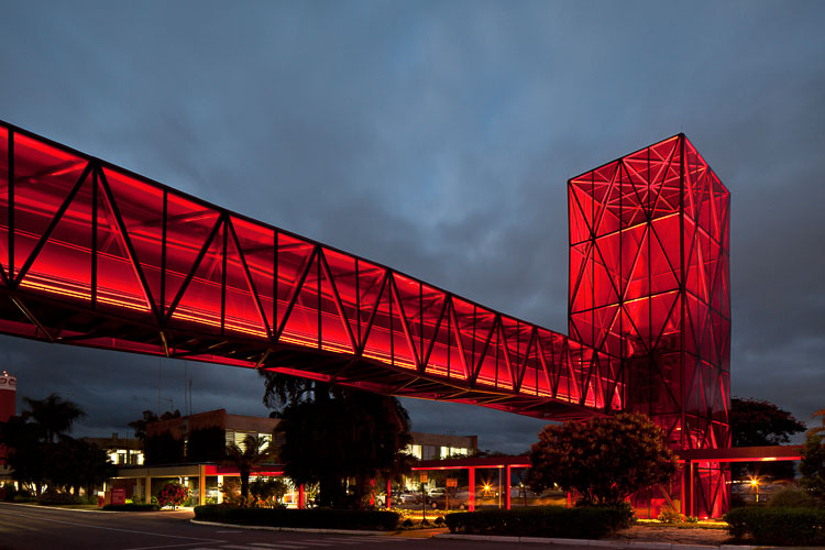 Night view of the first red tower and the footbridge from south